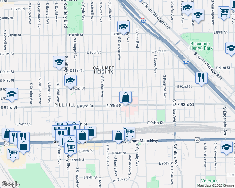 map of restaurants, bars, coffee shops, grocery stores, and more near 2251 East 92nd Place in Chicago