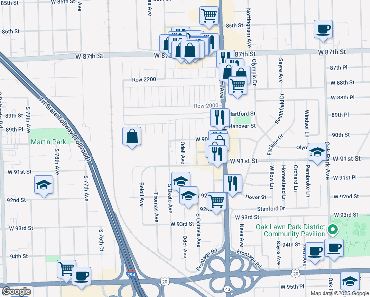 map of restaurants, bars, coffee shops, grocery stores, and more near 9011 Odell Avenue in Bridgeview