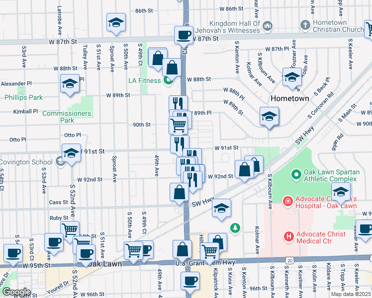 map of restaurants, bars, coffee shops, grocery stores, and more near S Cicero Ave & 91st St in Oak Lawn