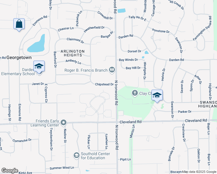 map of restaurants, bars, coffee shops, grocery stores, and more near 2121 Coachmans Trail in South Bend