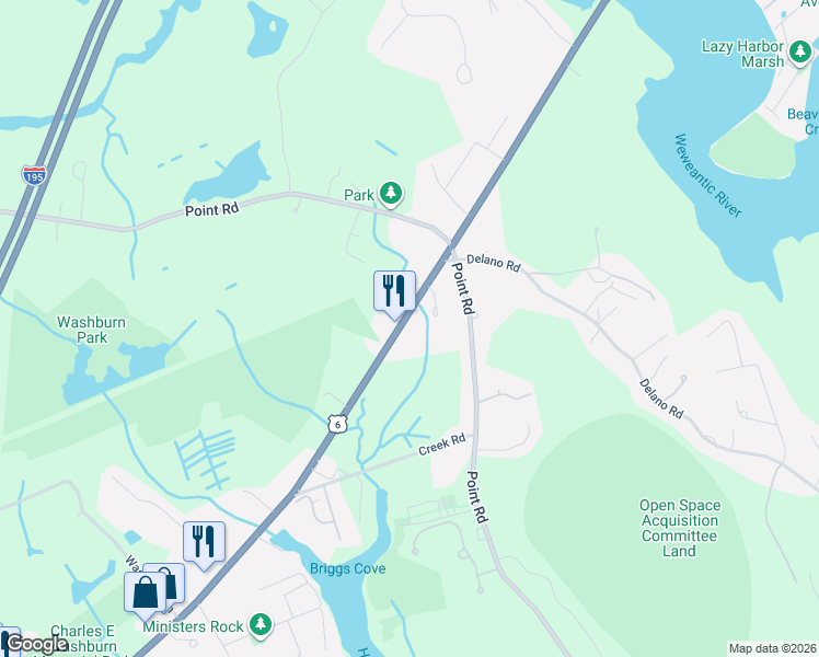 map of restaurants, bars, coffee shops, grocery stores, and more near 182 Wareham Road in Marion