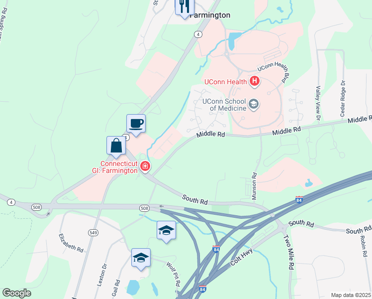 map of restaurants, bars, coffee shops, grocery stores, and more near 525 Middle Road in Farmington