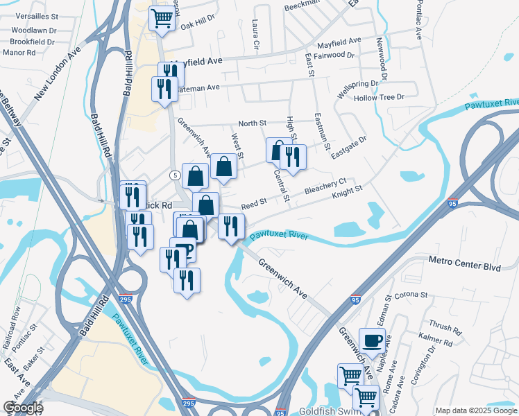 map of restaurants, bars, coffee shops, grocery stores, and more near 62 Reed Street in Warwick
