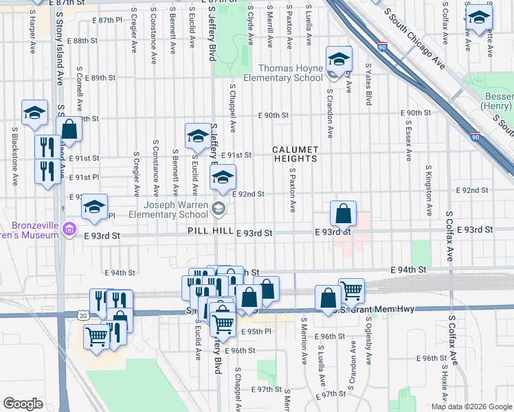 map of restaurants, bars, coffee shops, grocery stores, and more near 9235 South Clyde Avenue in Chicago