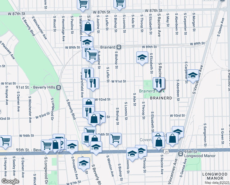 map of restaurants, bars, coffee shops, grocery stores, and more near 9153 South Laflin Street in Chicago