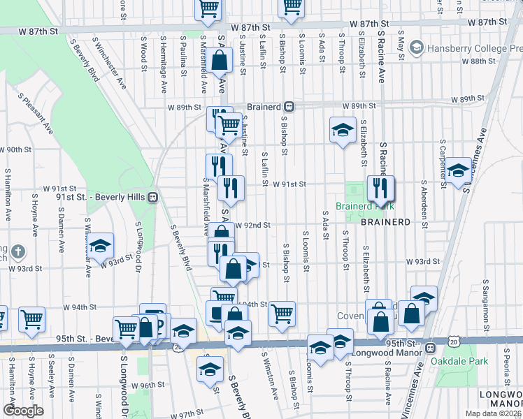 map of restaurants, bars, coffee shops, grocery stores, and more near 9153 South Laflin Street in Chicago