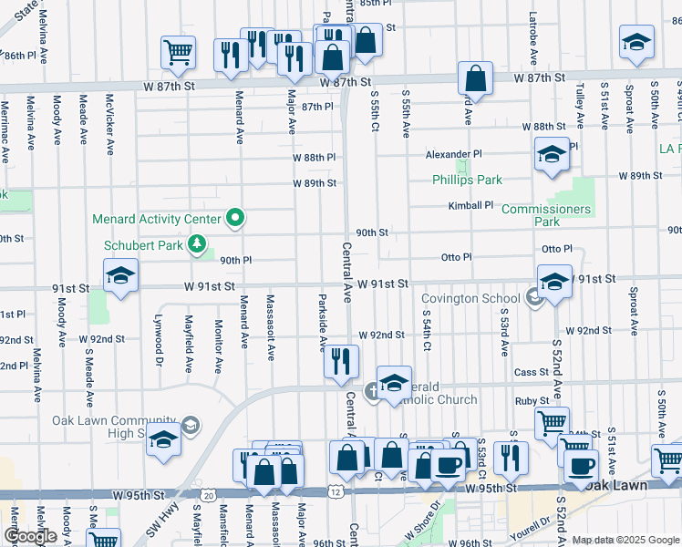 map of restaurants, bars, coffee shops, grocery stores, and more near in Oak Lawn