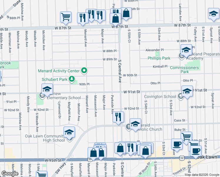 map of restaurants, bars, coffee shops, grocery stores, and more near 9100 Parkside Avenue in Oak Lawn