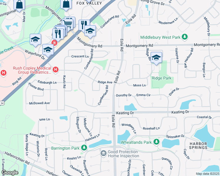map of restaurants, bars, coffee shops, grocery stores, and more near 1739 Cumberland Road in Aurora