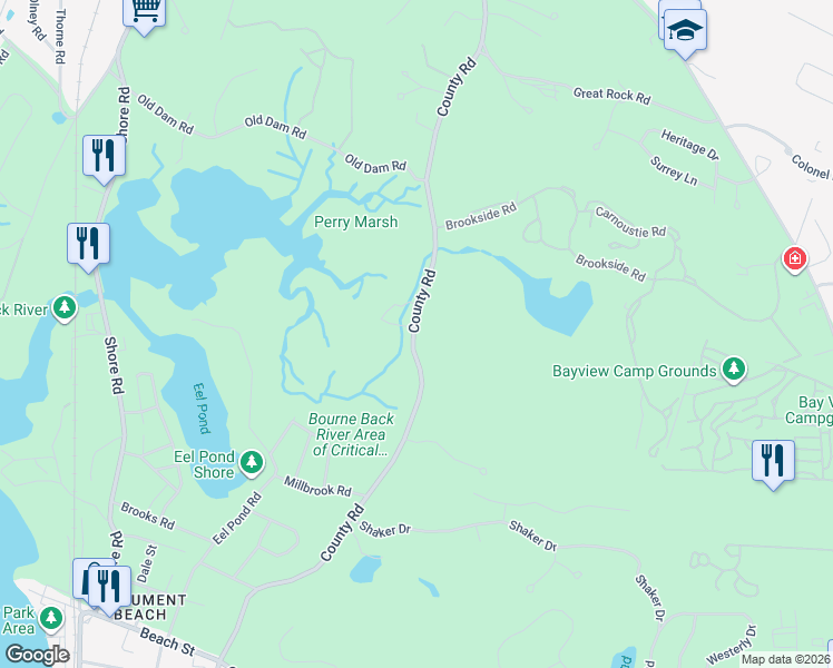 map of restaurants, bars, coffee shops, grocery stores, and more near 208 County Road in Bourne