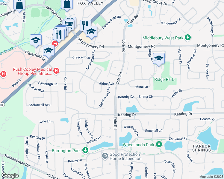 map of restaurants, bars, coffee shops, grocery stores, and more near 1739 Cumberland Road in Aurora