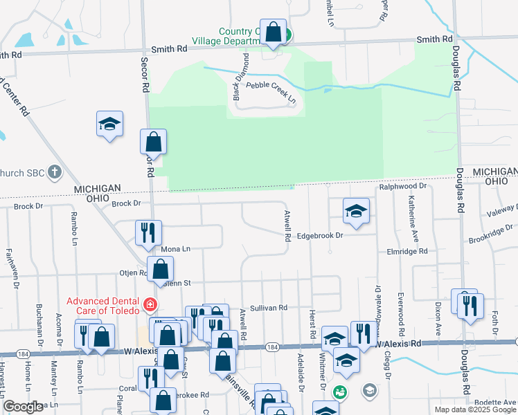 map of restaurants, bars, coffee shops, grocery stores, and more near 3011 Brock Drive in Toledo