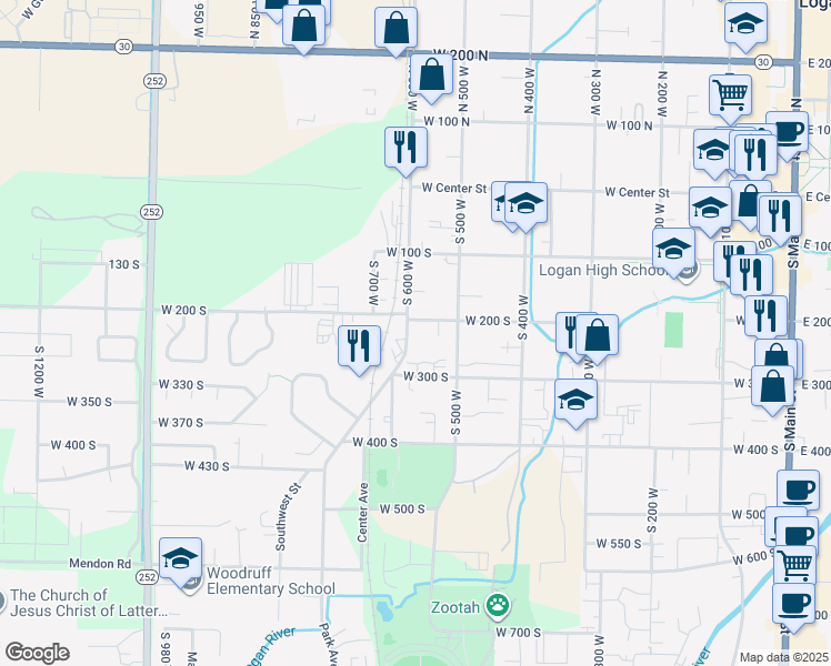 map of restaurants, bars, coffee shops, grocery stores, and more near 280 South 530 West in Logan