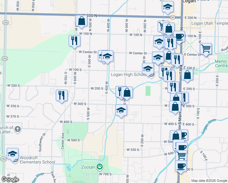 map of restaurants, bars, coffee shops, grocery stores, and more near 362 West 200 South in Logan