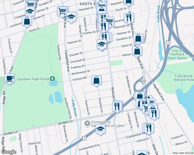 map of restaurants, bars, coffee shops, grocery stores, and more near 48 Stillman Road in Wethersfield