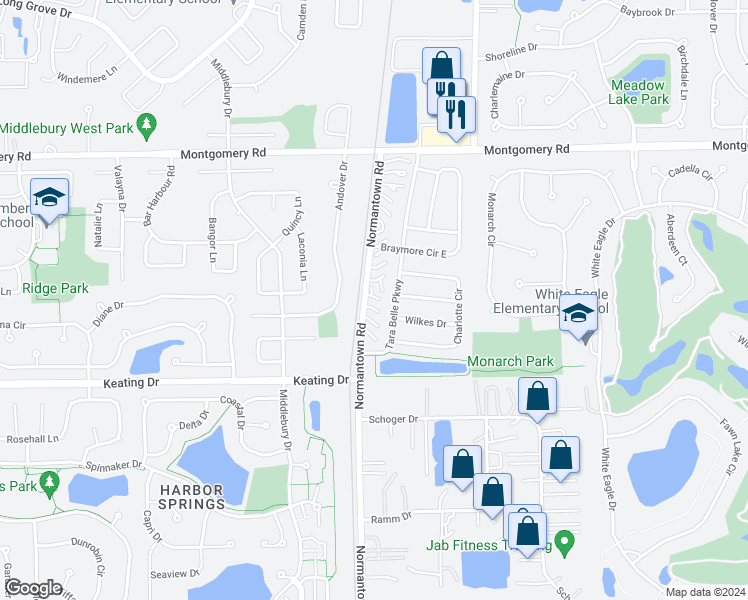map of restaurants, bars, coffee shops, grocery stores, and more near 1584 Normantown Road in Naperville