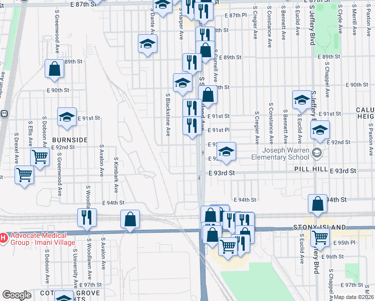 map of restaurants, bars, coffee shops, grocery stores, and more near 9225 South Harper Avenue in Chicago