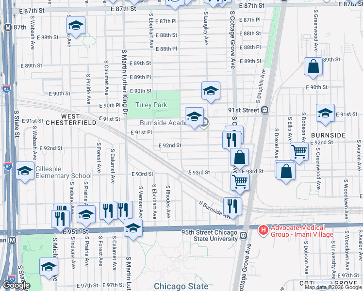 map of restaurants, bars, coffee shops, grocery stores, and more near S St Lawrence Ave & E 92nd St in Chicago