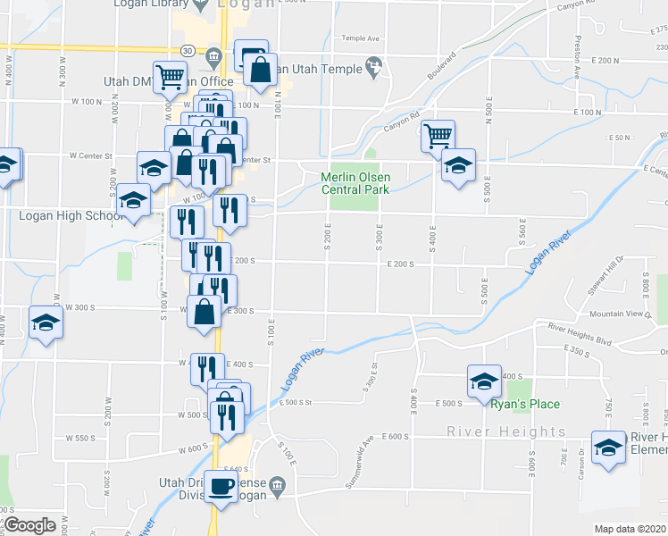 map of restaurants, bars, coffee shops, grocery stores, and more near 212 South 200 East in Logan