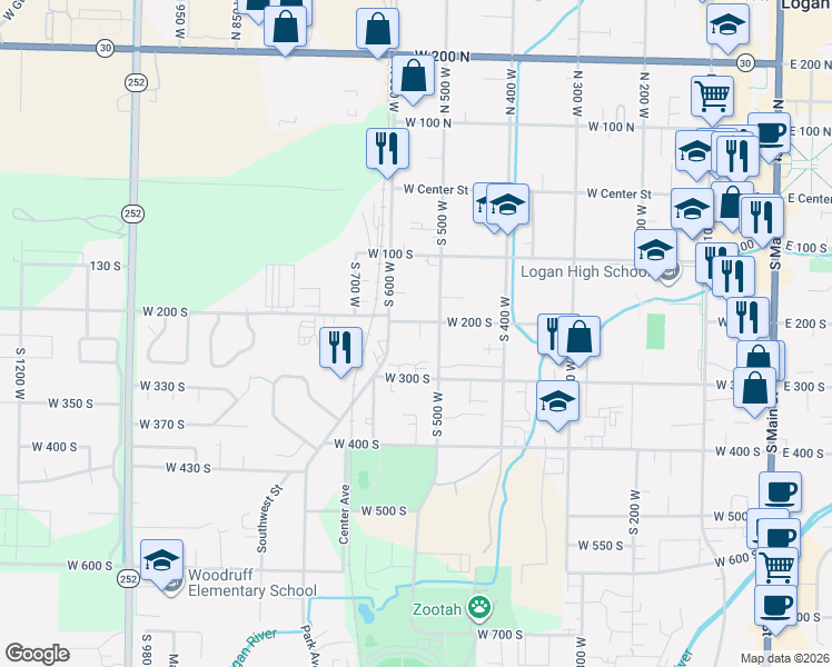 map of restaurants, bars, coffee shops, grocery stores, and more near 532 West 200 South in Logan