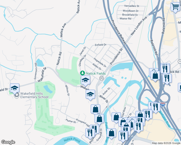 map of restaurants, bars, coffee shops, grocery stores, and more near 67 Crossland Road in West Warwick