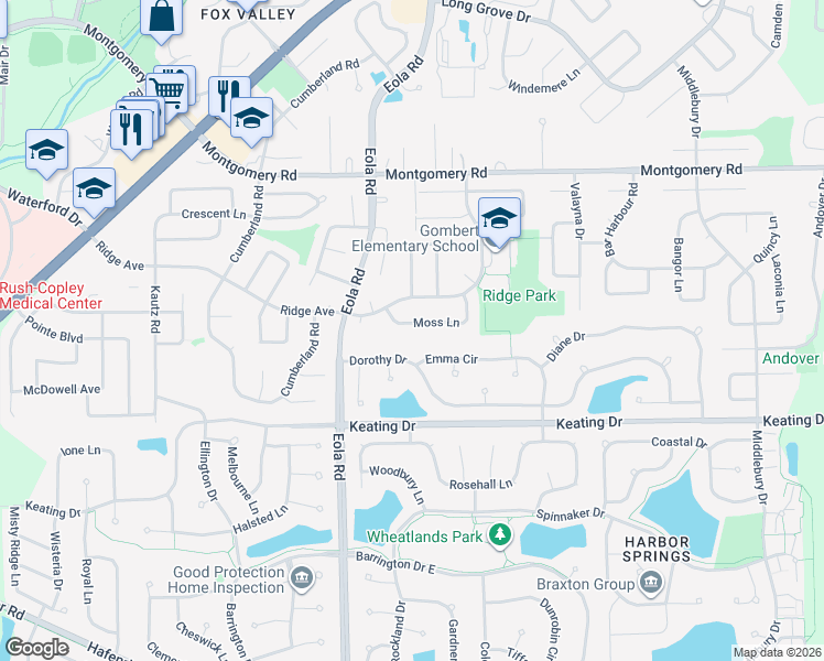 map of restaurants, bars, coffee shops, grocery stores, and more near 2615 Moss Lane in Aurora