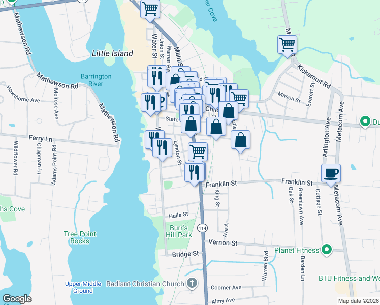 map of restaurants, bars, coffee shops, grocery stores, and more near 52 Manning Street in Warren