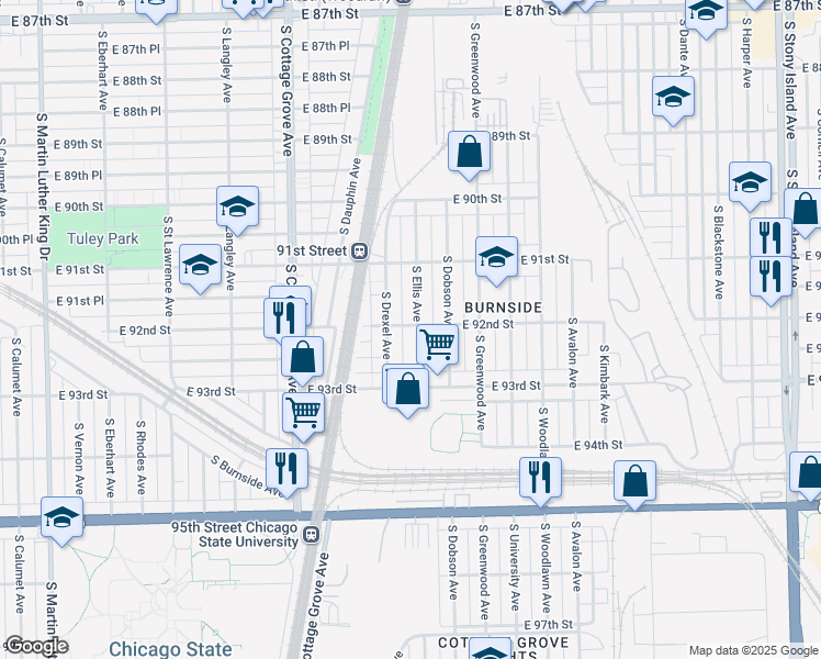 map of restaurants, bars, coffee shops, grocery stores, and more near 9200 South Ellis Avenue in Chicago