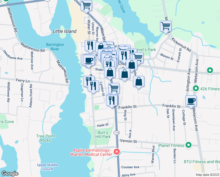 map of restaurants, bars, coffee shops, grocery stores, and more near 52 Manning Street in Warren