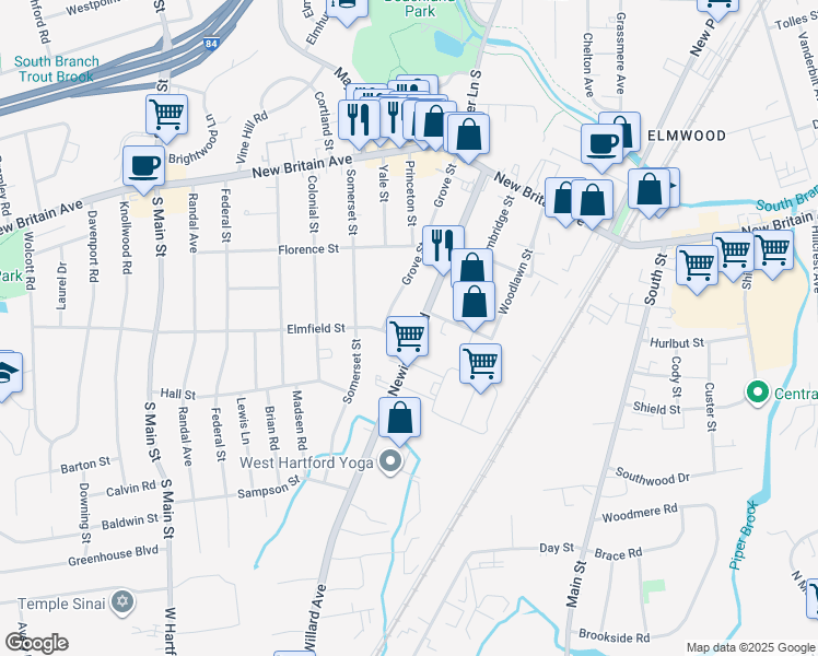 map of restaurants, bars, coffee shops, grocery stores, and more near in West Hartford