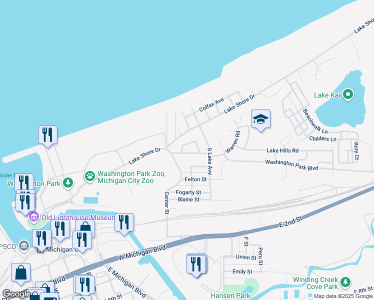 map of restaurants, bars, coffee shops, grocery stores, and more near 109 Washington Park Boulevard in Michigan City