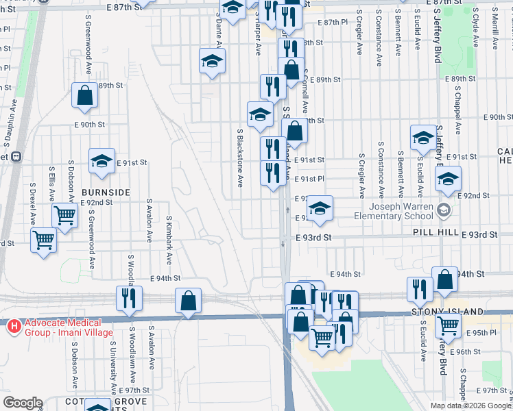 map of restaurants, bars, coffee shops, grocery stores, and more near 9225 South Harper Avenue in Chicago