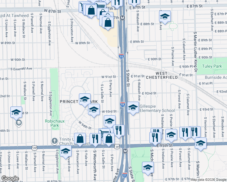 map of restaurants, bars, coffee shops, grocery stores, and more near 9202 South Lafayette Avenue in Chicago