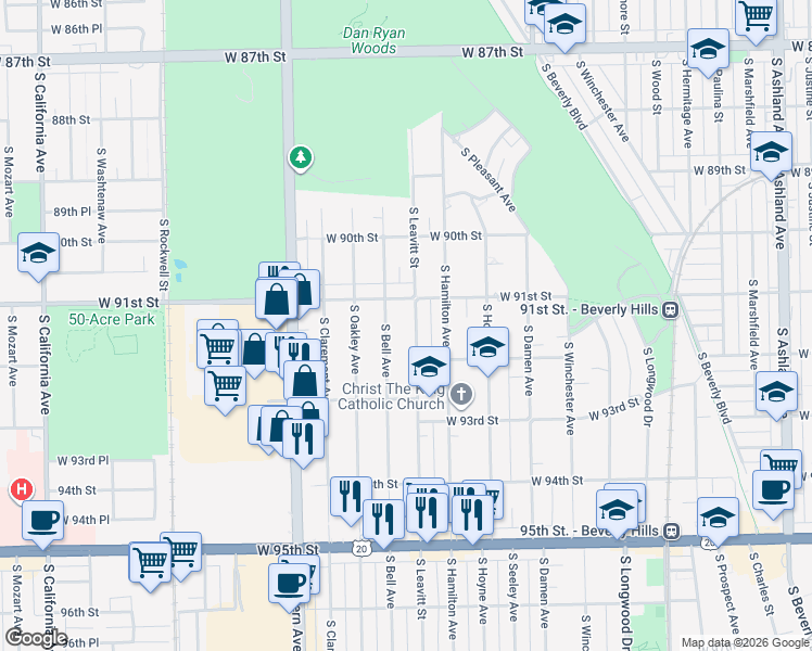 map of restaurants, bars, coffee shops, grocery stores, and more near 9142 South Leavitt Street in Chicago