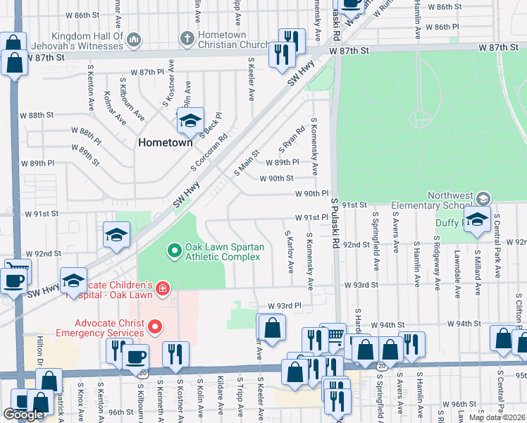 map of restaurants, bars, coffee shops, grocery stores, and more near 9117 South Kedvale Avenue in Oak Lawn