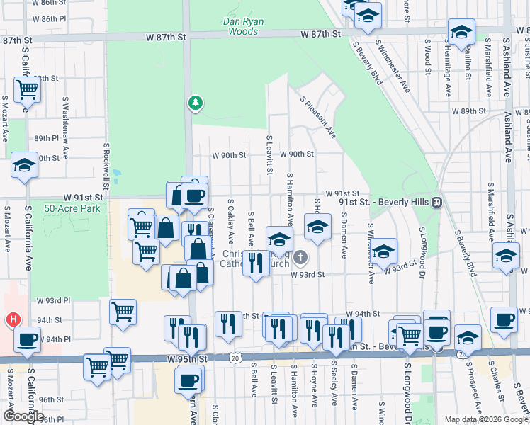 map of restaurants, bars, coffee shops, grocery stores, and more near 9142 South Leavitt Street in Chicago