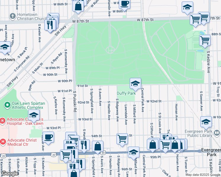 map of restaurants, bars, coffee shops, grocery stores, and more near 9109 South Hamlin Avenue in Evergreen Park