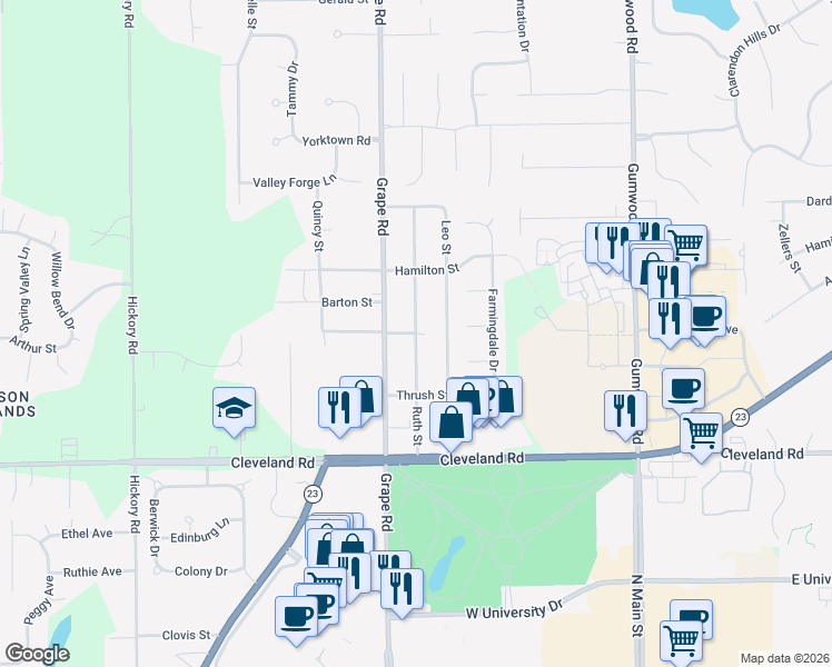 map of restaurants, bars, coffee shops, grocery stores, and more near 52735 Ruth Street in Granger