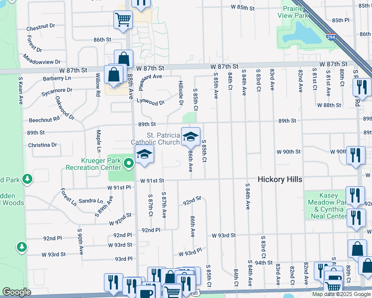 map of restaurants, bars, coffee shops, grocery stores, and more near 9000 South 86th Avenue in Hickory Hills