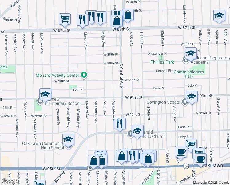 map of restaurants, bars, coffee shops, grocery stores, and more near 9053 Parkside Avenue in Oak Lawn