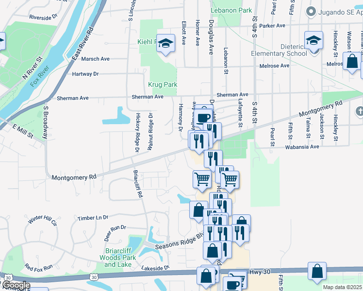 map of restaurants, bars, coffee shops, grocery stores, and more near 1027 Harmony Drive in Montgomery