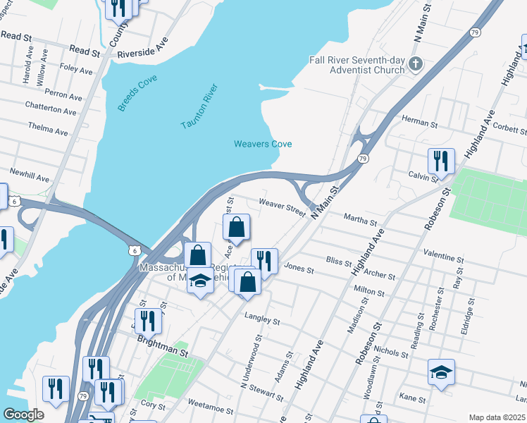 map of restaurants, bars, coffee shops, grocery stores, and more near 105 Weaver Street in Fall River