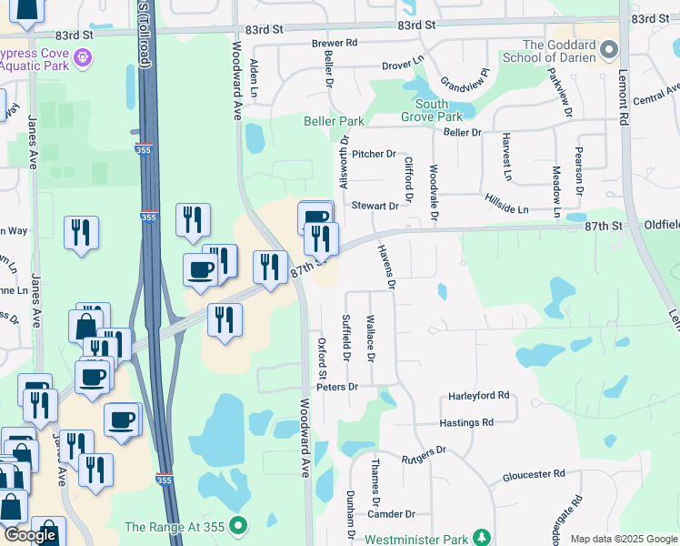 map of restaurants, bars, coffee shops, grocery stores, and more near 8708 Suffield Drive in Woodridge