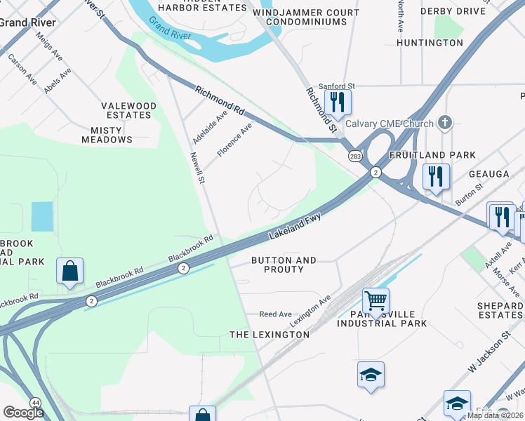 map of restaurants, bars, coffee shops, grocery stores, and more near 120 Palm Court in Painesville