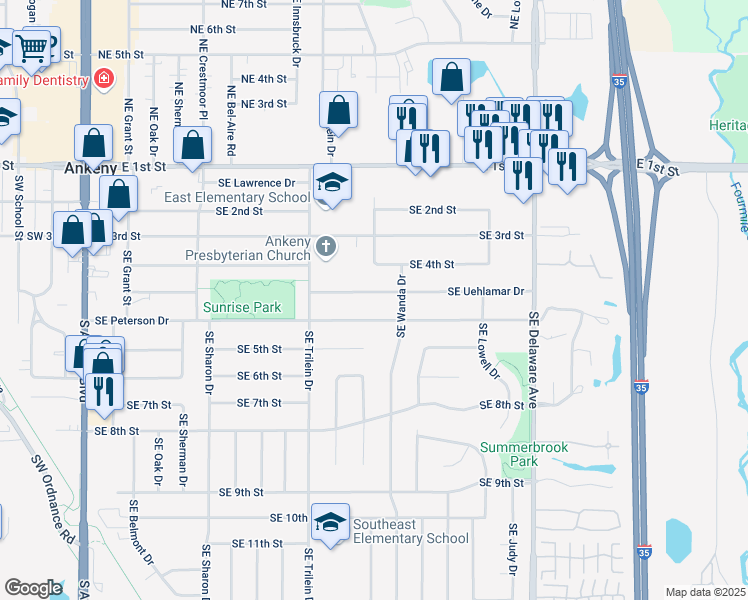 map of restaurants, bars, coffee shops, grocery stores, and more near 802 Southeast Peterson Drive in Ankeny