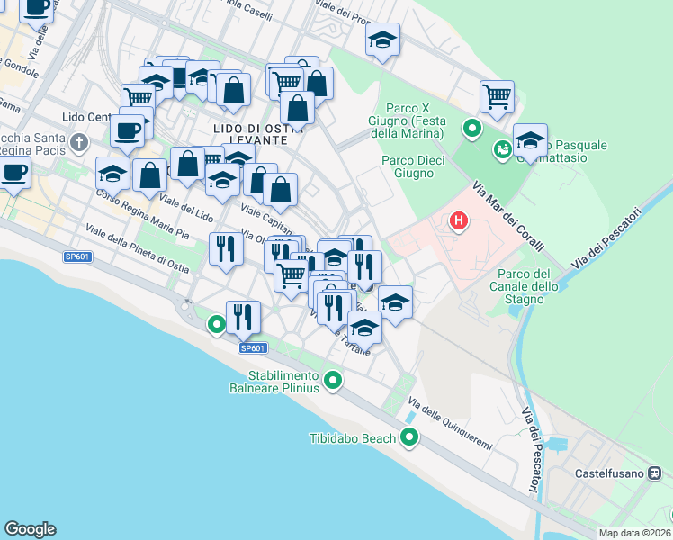 map of restaurants, bars, coffee shops, grocery stores, and more near 16 Viale Vega in Lido di Ostia