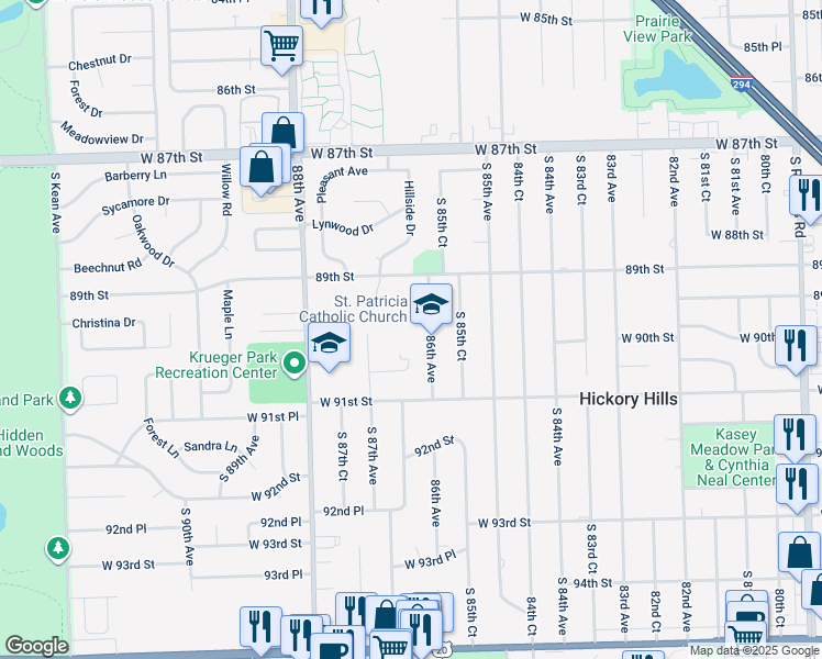 map of restaurants, bars, coffee shops, grocery stores, and more near 9000 South 86th Avenue in Hickory Hills