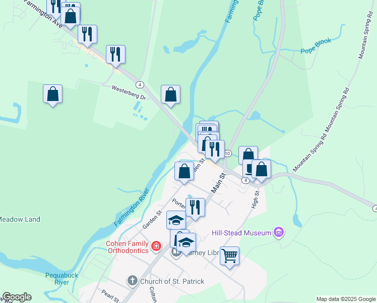 map of restaurants, bars, coffee shops, grocery stores, and more near 18 Hobart Street in Farmington