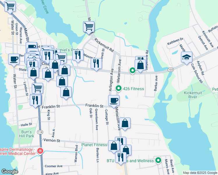 map of restaurants, bars, coffee shops, grocery stores, and more near 126 Arlington Avenue in Warren