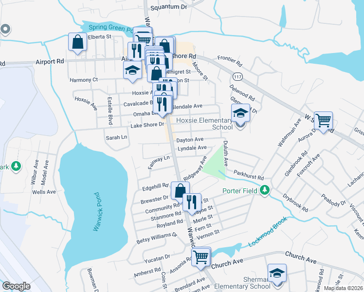map of restaurants, bars, coffee shops, grocery stores, and more near 45 Belfort Avenue in Warwick